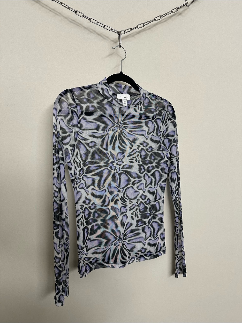 Topshop Mesh Abstract Long Sleeve Top in Purple & Black